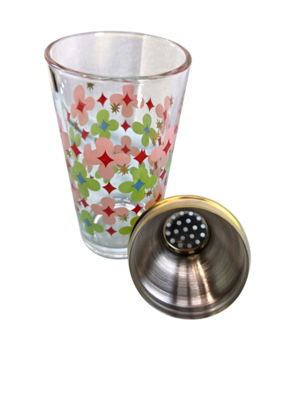Retro MCM Style Floral Glass Cocktail Shaker Gold Metal Lid Colorful - Picture 5 of 10